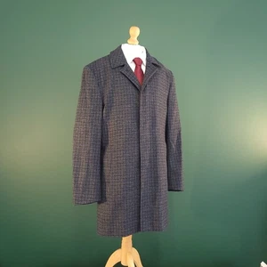 Charles Tyrwhitt Overcoat Men's 40R Navy Blue Wool Mini Check Outdoor Travel - Picture 1 of 13