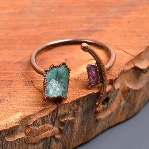 Green Emerald Stone Copper Statement Cocktail Daughter Gift Electroformed Ring - Picture 1 of 14
