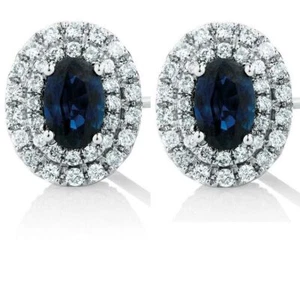 Oval Natural Sapphire & Diamond Double Halo Stud Earring 14k Solid White Gold - Picture 1 of 9