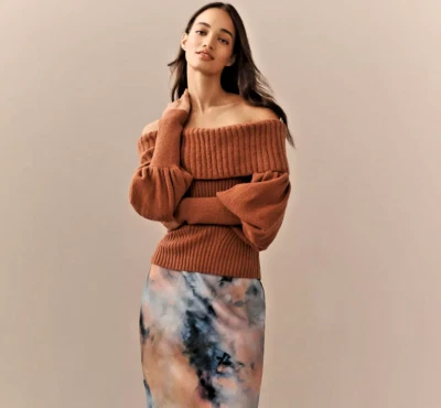 NUEVO CON ETIQUETAS Suéter Anthropologie The Tessa Fuera del Hombro Manga Abullonada MOCA MARRÓN S Foto 1 de 4