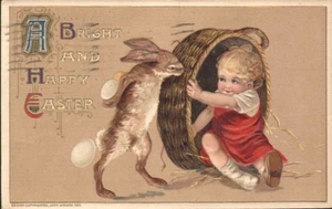 EASTER HAPPY 1911 JOHN WINSCH  Baby w/ Basket & Rabbit  Germany postcard - Picture 1 of 2