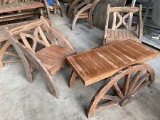 Antique Teak wagon wheel garden furniture Hardwood 2 X Chairs & Side Table