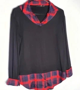 DJT Top Shirt 2 in One Large Black Red Plaid Womans Pullover Collared Blouse - Picture 1 of 8