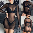 Sexy Black Sheer Plus Size See Through MESH Long Sleeve Net Dress AU