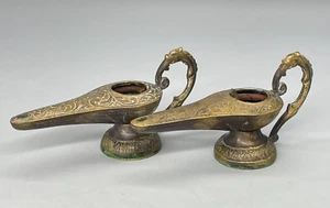 Pair Vintage Antique Ornate Genie Brass Candle Holders Oil Lamp? With Wicks - Picture 1 of 8