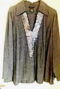 ~ELEGANT~LINEN BLEND SHIRT~SEQUINS!~SUTT0N/STUDIO~ALL SEASON~1X~HOLIDAY~PARTY! - Picture 1 of 6