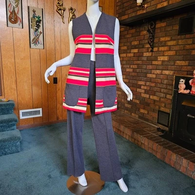 Vtg 60s Mod Youthquake Knit Graphic High Waisted Pants Suit Vest Pantsuit M/L - Image 1 of 4