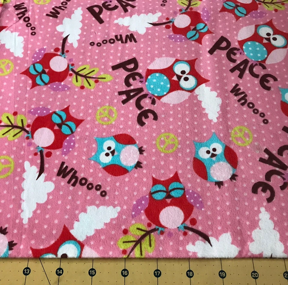 Owls Peace on Pink Flannel Fabric Sold By The Yard #2194 - Image 1 of 1