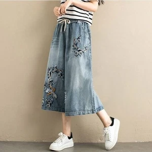 Damen Bestickt Capri Hose Denim Ethnisch Hose Weites Bein Hosenrock Jeanshose - Bild 1 von 15