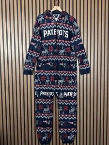 New England Patriots Jumpsuit Mens Large One Piece Blue Christmas Pajama Hooded - Picture 1 of 13