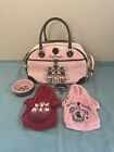 Vtg Juicy Couture Small Pet Dog Carrier Bag Plus Two Sweaters, Collar, and Bowl