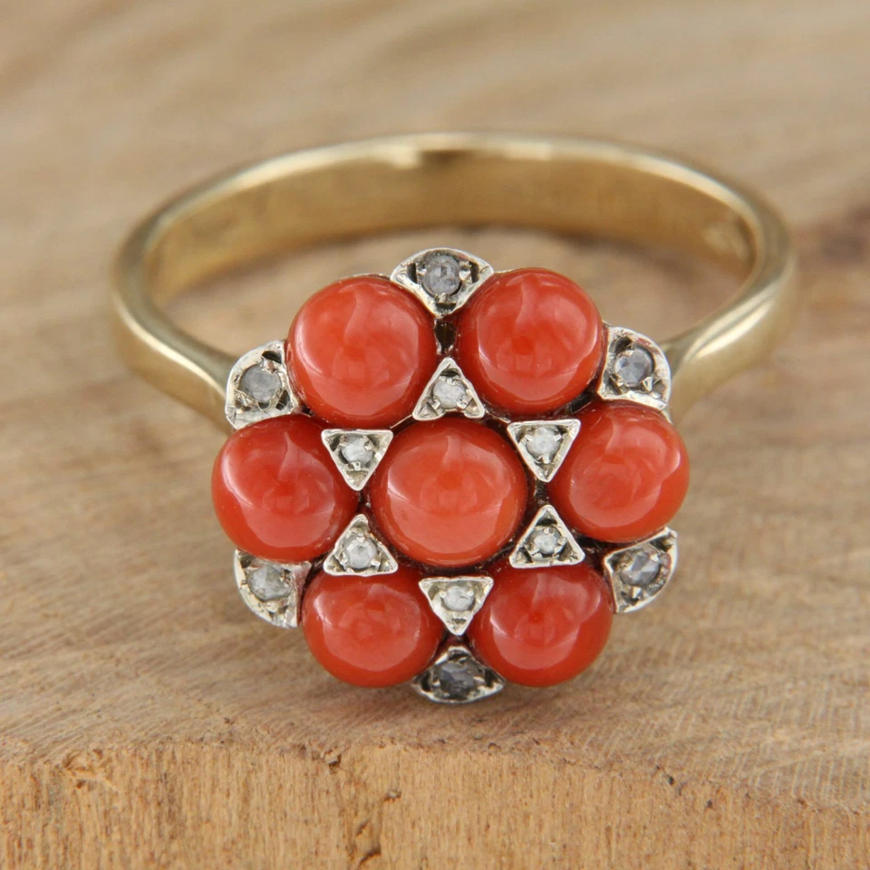 Bague en OR Jaune 14 Carats k CORAIL Cabochon et DIAMANT style Ancienne Femme - Photo 1/4