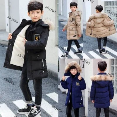 NEW BOYS COATS KIDS BACK TO SCHOOL FUR HOODED PARKA JACKET WINTER WARM COAT 2-14 - Image 1 of 4