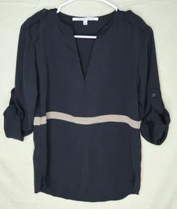 Collective Concepts Black Tunic Top Womens XS V-Neck Semi Sheer Roll Tab Sleeve - Picture 1 of 10
