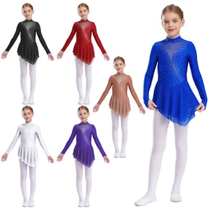 DE Kinder Mädchen Eiskunstlauf Kleid Langarm Ballettkleid mit Strass Trikot Set - Bild 1 von 70