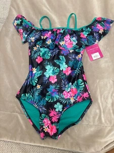 So Girls 7/8 Swimsuit One Piece Black Floral Hawaiian Black Pink Green - Picture 1 of 4