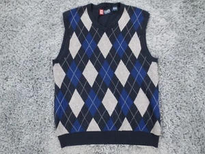 Chaps Sweater Mens Medium Blue Gray Argyle Front 100% Cotton Knit V-Neck Vest - Picture 1 of 8