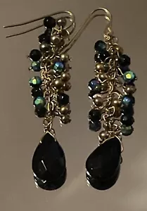 Beautiful Dangle Drop Earrings Faceted Black Teardrop Iridescent Cluster Beads - Picture 1 of 7