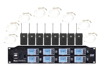 UHF 8 Channel Wireless Headset Microphone System 8 Head Mics Rack Mount Beige - Image 1 of 3