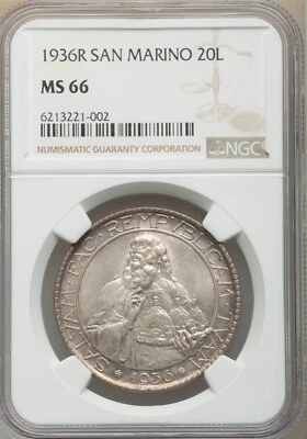 SAN MARINO 1936-R  20 LIRE SILVER COIN, GEM UNCIRCULATED, NGC CERTIFIED MS66 - Image 1 of 2