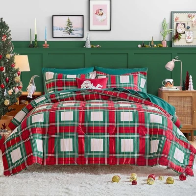 Christmas Traditional Plaid Comforter Set King Size, 3 Pieces Red and Green Buff - Image 1 of 4