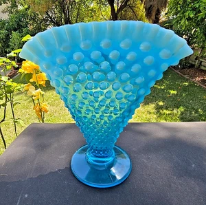 Fenton Hobnail Blue Opalescent 8¼" x 2" Footed Crimped Fan Flared Vase # 3957 - Picture 1 of 8