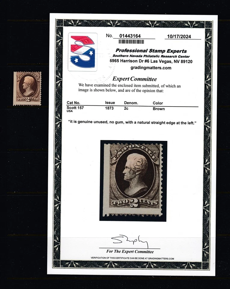 #157 2c Jackson (Mint No Gum) cv$125.00 as no gum PSE CERT - Image 1 of 1