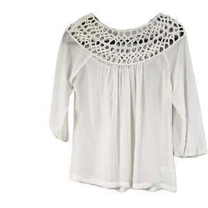 Umgee Beige/Cream Sheer Blouse with Elastic Wrists, Ribbon Detail Size small - Picture 1 of 9