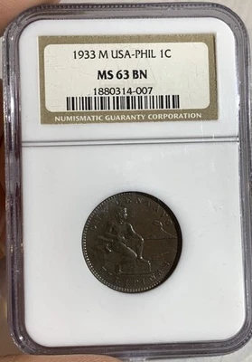 1933 M  PHILIPPINES 1 CENTAVOS COPPER COIN  NGC MS63BN - Image 1 of 3