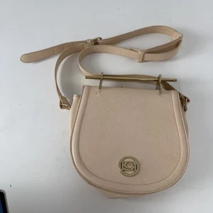 Beige Faux Leather Crossbody Bag Gold Logo Emblem Adjustable Strap - Picture 1 of 13