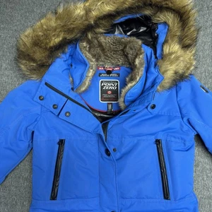 Point Zero Puffer Jacket Mens Small Blue Duvet Premium Down -20 °C Faux-Fur Hood - Picture 1 of 21
