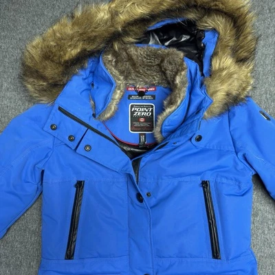 Point Zero Puffer Jacket Mens Small Blue Duvet Premium Down -20 °C Faux-Fur Hood - Image 1 of 4