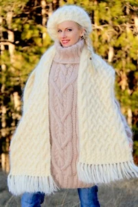 Elfenbein extra langer Schal Mohairmütze Handstrick Beanie Baskenmütze Schal Set SUPERTANYA - Bild 1 von 12