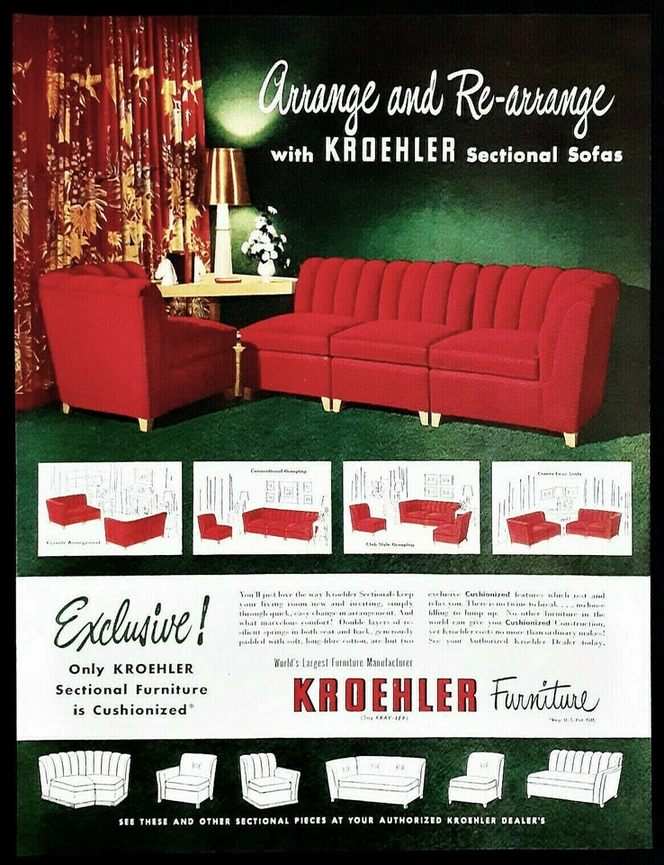 Kroehler sofa furniture ad vtg 1948 red sectional couch original advertisement - Image 1 of 2