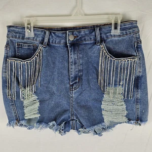 WomensMid Rise Ripped Stretchy Jeans Frayed Raw Hem Tassels Denim Shorts XL - Picture 1 of 11