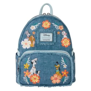 Loungefly Disney Dogs & Cats Floral Faux Denim Fringe Mini Backpack Bag Official - Picture 1 of 8