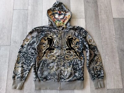 Christian Audigier Pantera Sudadera con Capucha Casual Piedra Calaveras Callejón Gato Bordado Foto 1 de 4