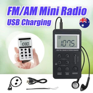 Mini Radio Pocket Receiver Portable FM/AM 2 Band Digital LCD Stereo Earphone Set - Picture 1 of 14