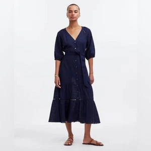 NWT Madewell Tie-Waist Tiered Midi Dress - Size 14 - Windowpane Navy - Picture 1 of 8