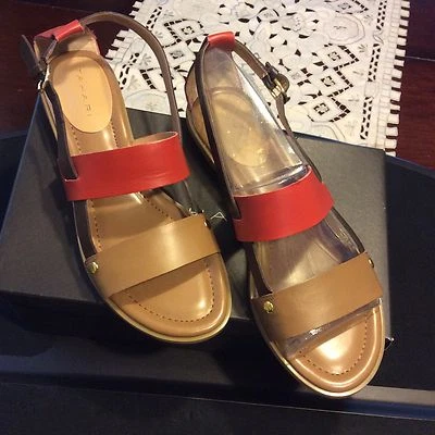 You Can Buy It NOW Tahari Aura Tan Orange Crush Sandal 8M Buckle Strap Leather - Image 1 of 4