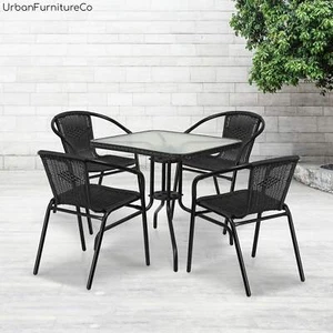 28" Square Glass Metal Table w/ Rattan Edging and 4 Rattan Stack Chairs Set of 5 - Picture 1 of 37