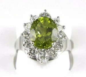 Natural Oval Green Peridot & Diamond Halo Solitaire Ring 14k White Gold 5.25Ct - Picture 1 of 8