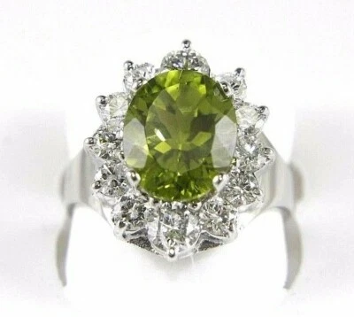 Natural Oval Green Peridot & Diamond Halo Solitaire Ring 14k White Gold 5.25Ct - Image 1 of 4