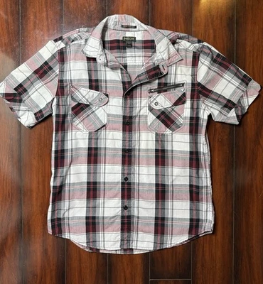 Helix Shirt Men’s Large Burgundy Black Plaid Button Up Western Athletic Fit - Image 1 of 4