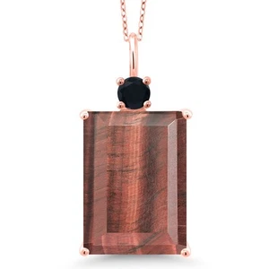 18K Rose Gold Plated Silver Red Tiger Eye and Onyx Pendant Necklace For Women - Picture 1 of 4