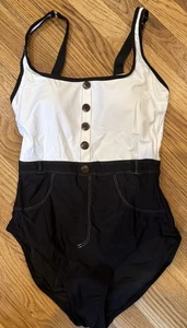 Nwot Womens White/Black Button One Piece Bathing Suit Small - Picture 1 of 2
