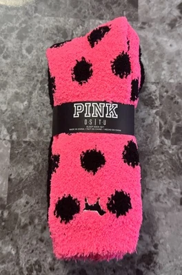 NEW VICTORIA'S SECRET PINK ONE SIZE SET 2 POLKA DOT PLUSH FUZZY RARE SLEEP SOCKS - Image 1 of 3