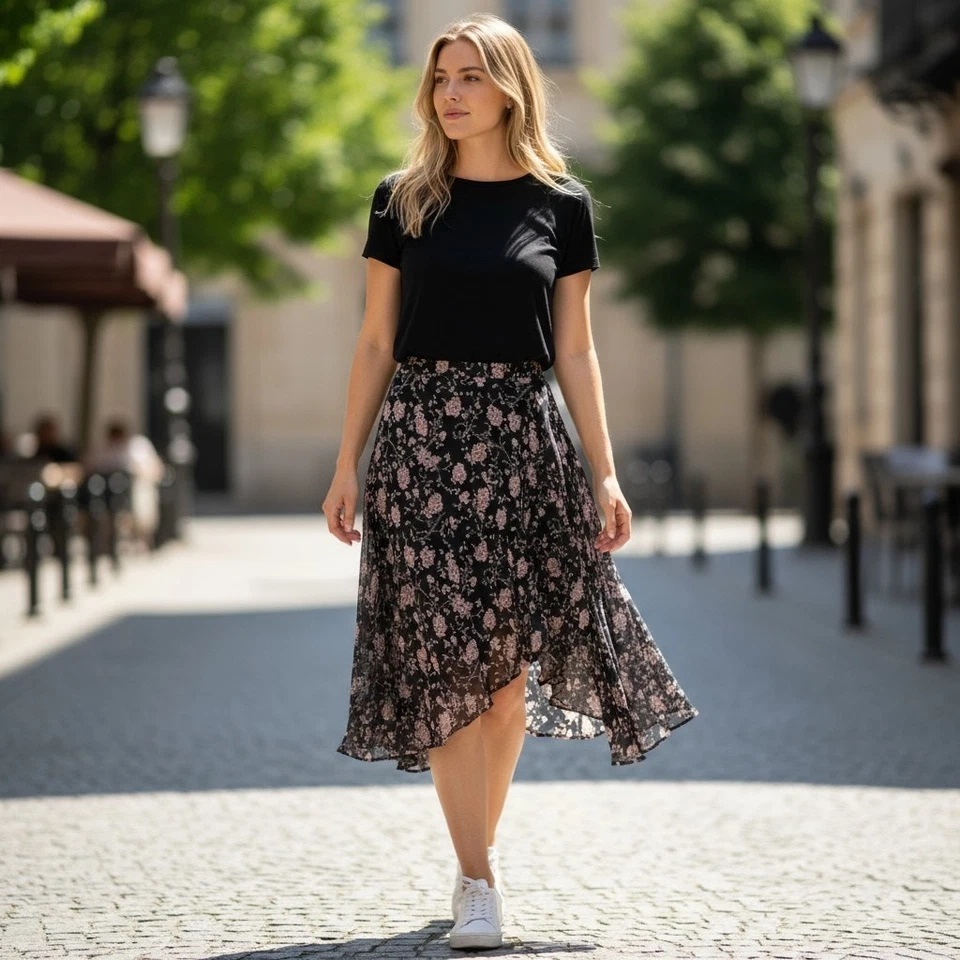 Falda midi grande vintage Y2K años 2000 sin palabras negra floral dobladillo asimétrico Foto 1 de 4