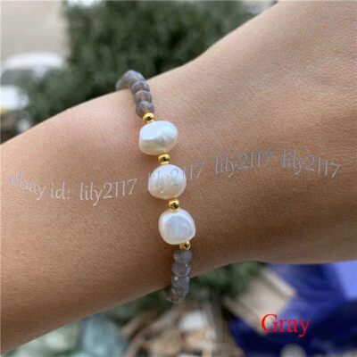 Pulsera elástica facetada de perlas blancas con cuentas de gemas de cristal multicolor de 3x4 mm 7,5"" Foto 1 de 3