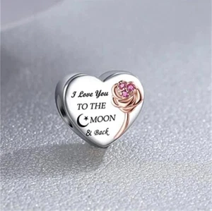 S925 Sterling Silver Charm For Bracelets I love you to the Moon & Back Heart - Picture 1 of 4